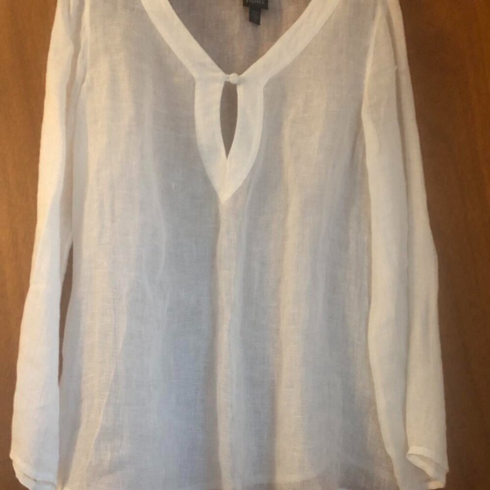 NWT Eileen Fisher 100% Linen Lightweight Woven Sheer Long Sleeve  Size M -White